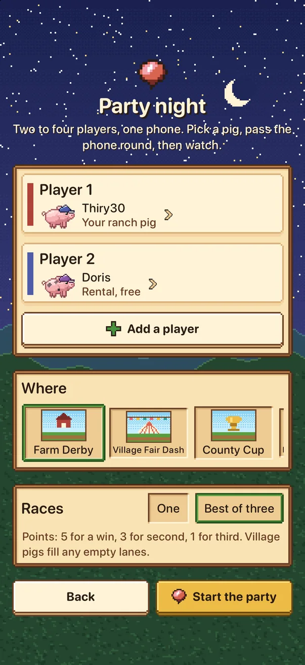 party night setup: two players, a venue and the number of races